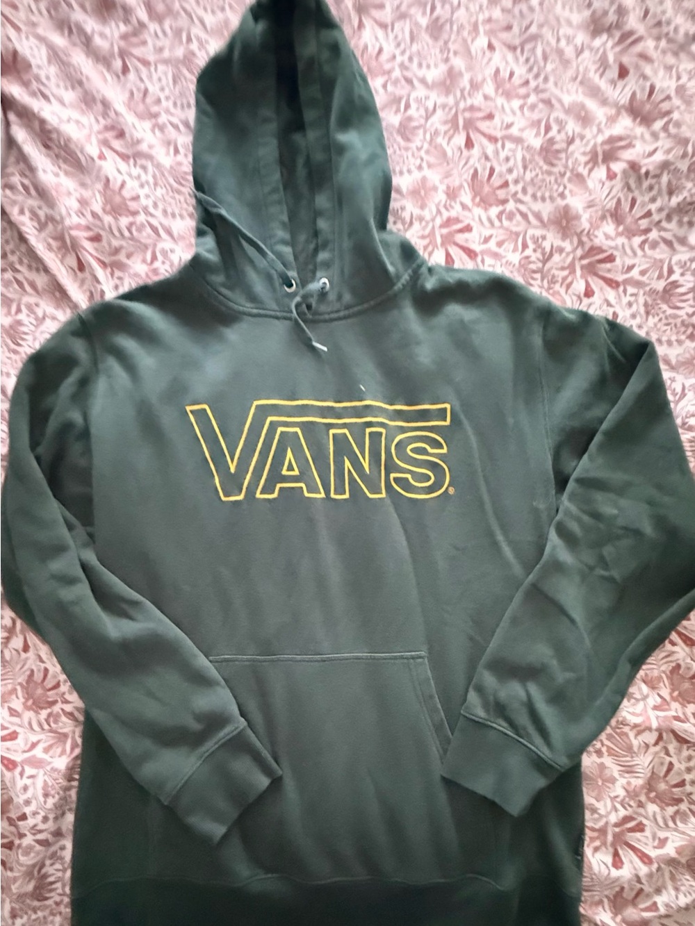 Vans Men's Dark Green Hoodie with Yellow Logo size large